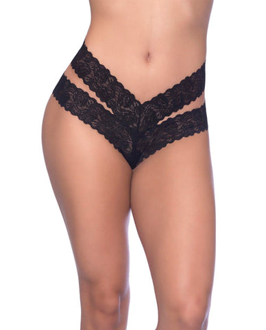 Goodnight Lace Dual Strap Thong w/Functional Tie Waistband Black QN