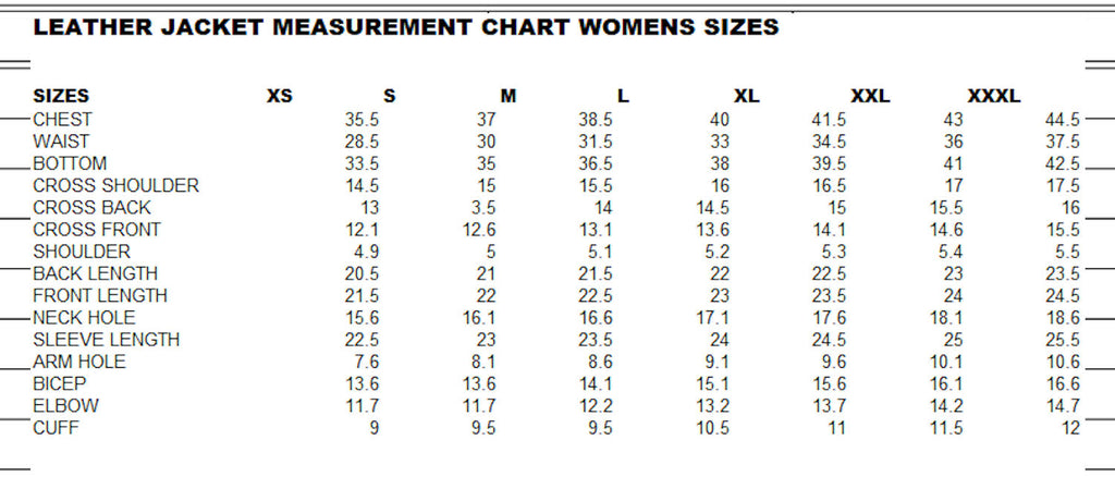 Leather Moto Jacket Sizing Chart